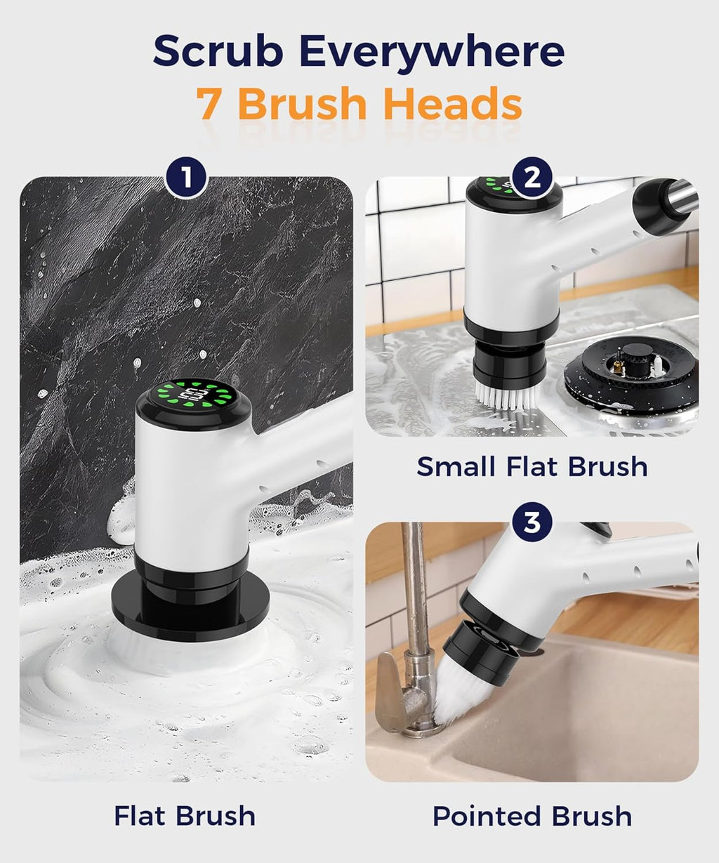 Cordless Electric Spin Scrubber with 7 Brush Heads, White