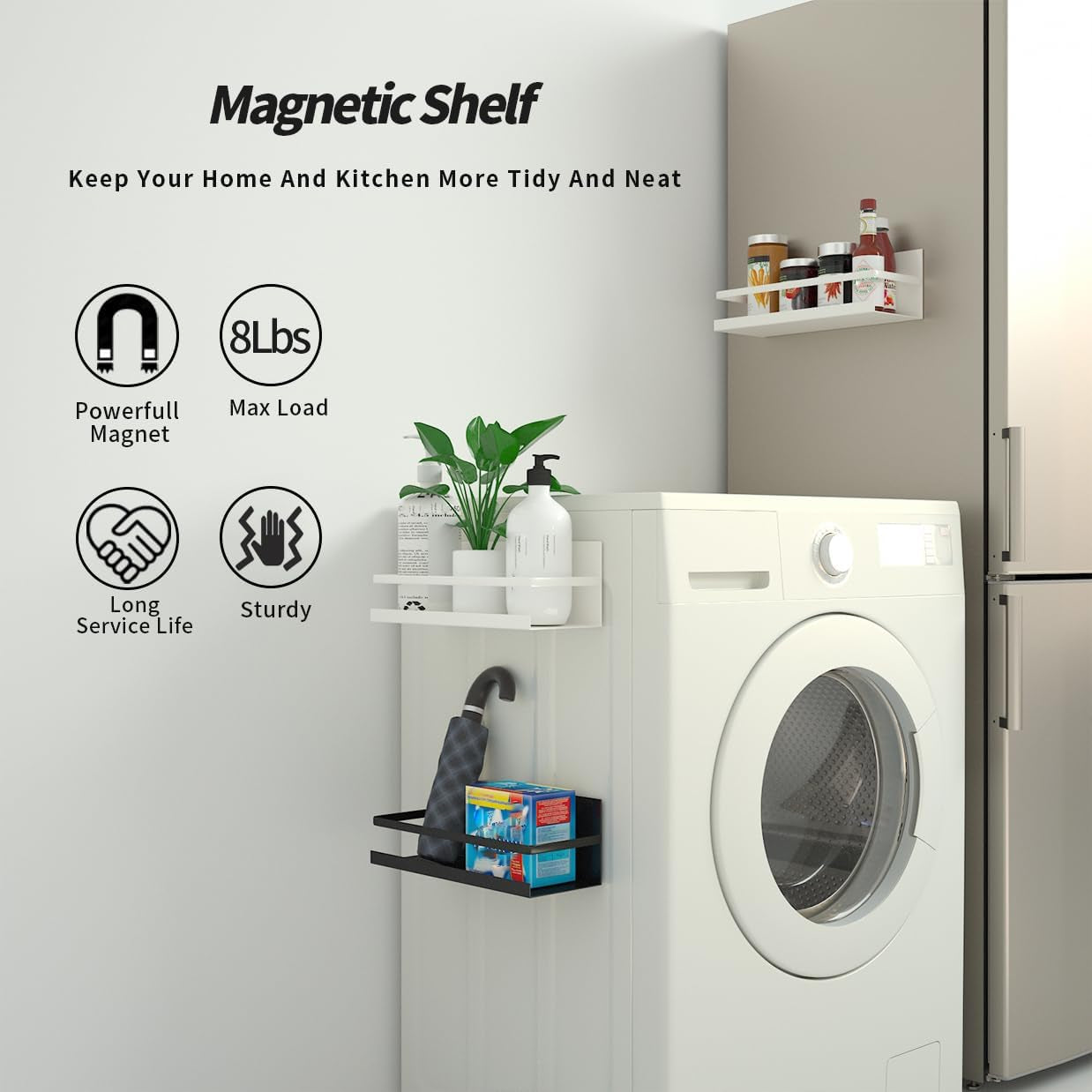2 Pack Magnetic Spice Rack for Refrigerator,Heave Duty Magnetic Shelf for Kitchen,Magnet Book Shelf for Whiteboard,Space Container,Drill Free (Black)