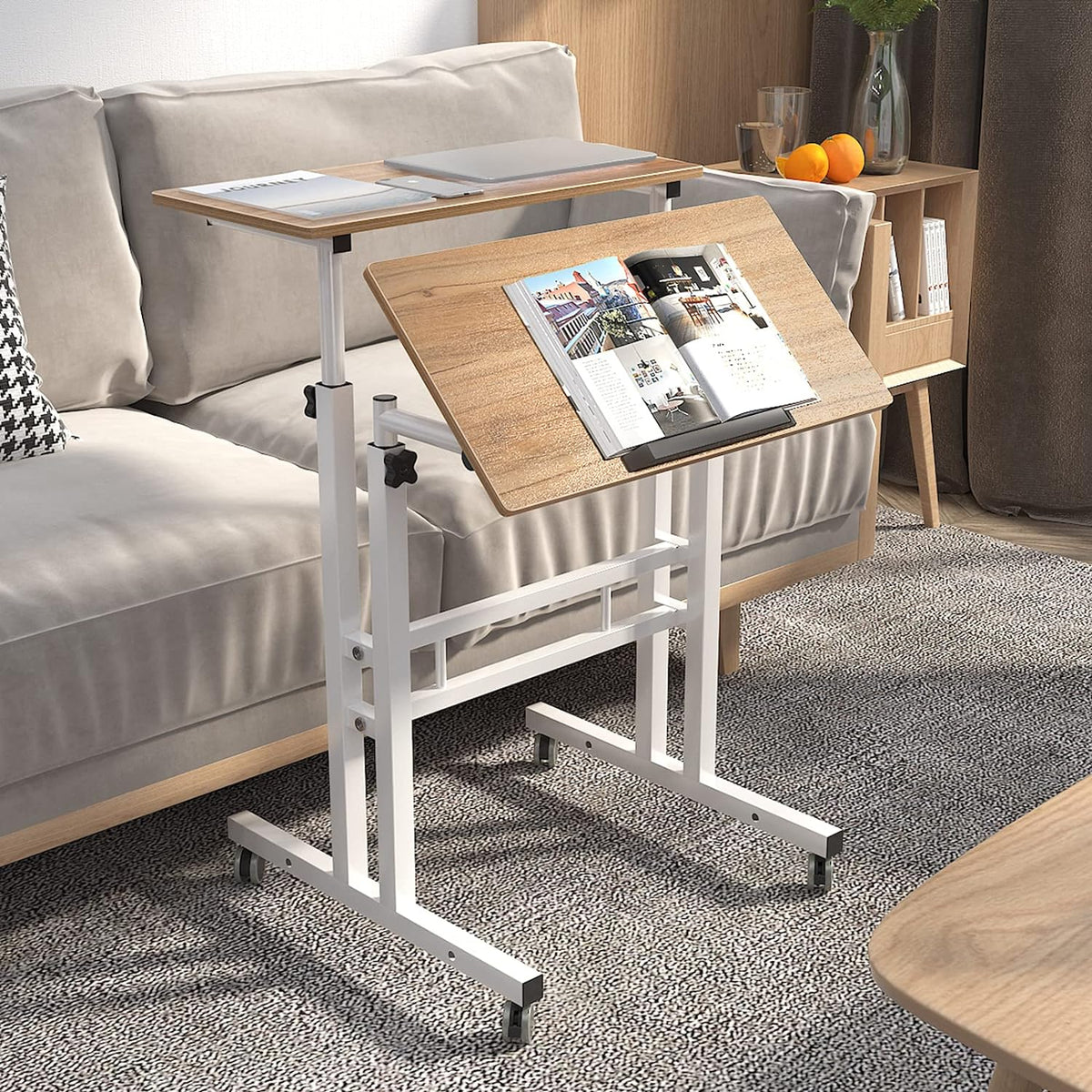 23.6IN Rolling Standing Desk with Wheels Adjustable Height, Oak