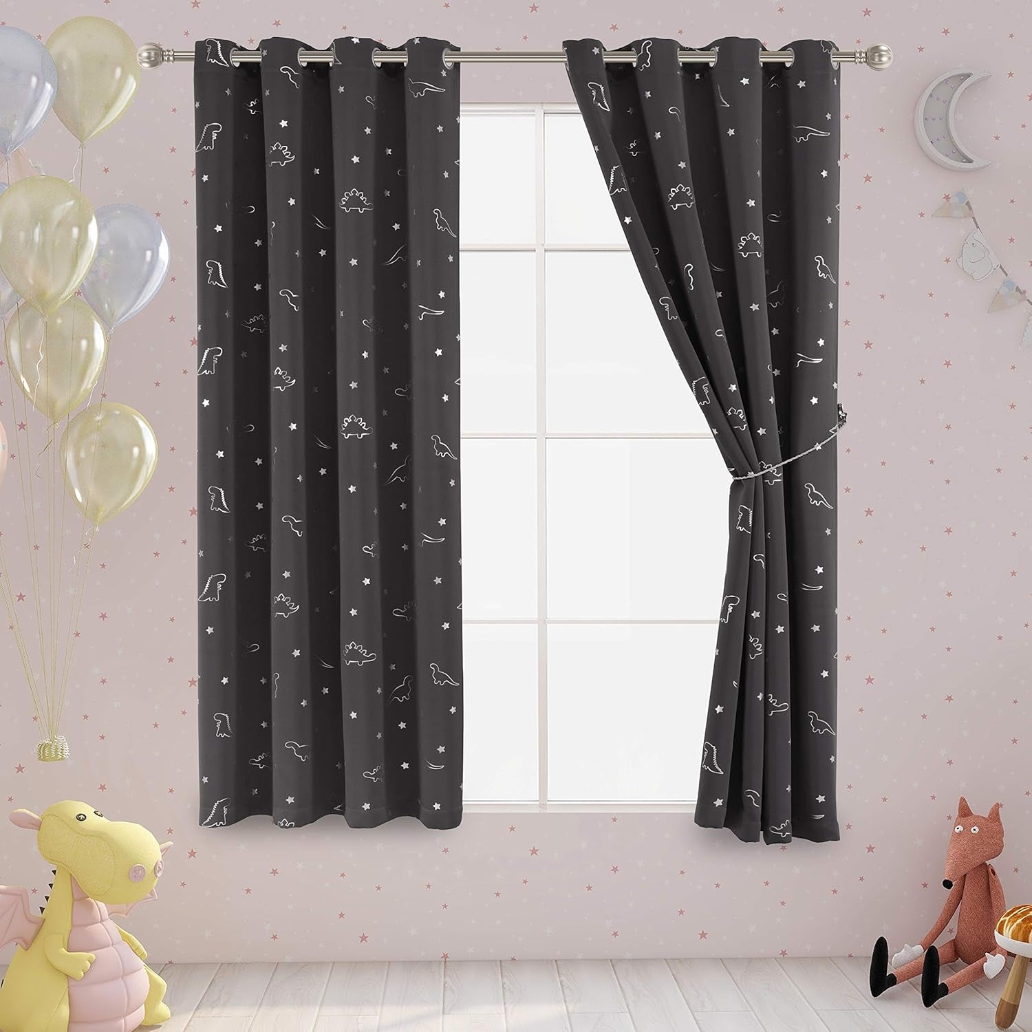 Dinosaur and Star Foil Print Blackout Curtains for Kids Room