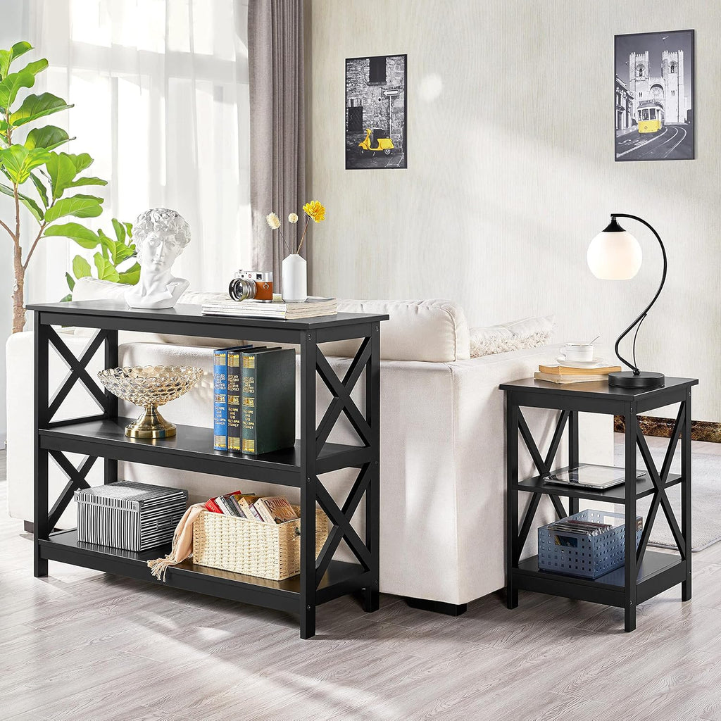 Yaheetech 42" L Black Console Table 3-Tier Narrow X-Design Storage Shelves