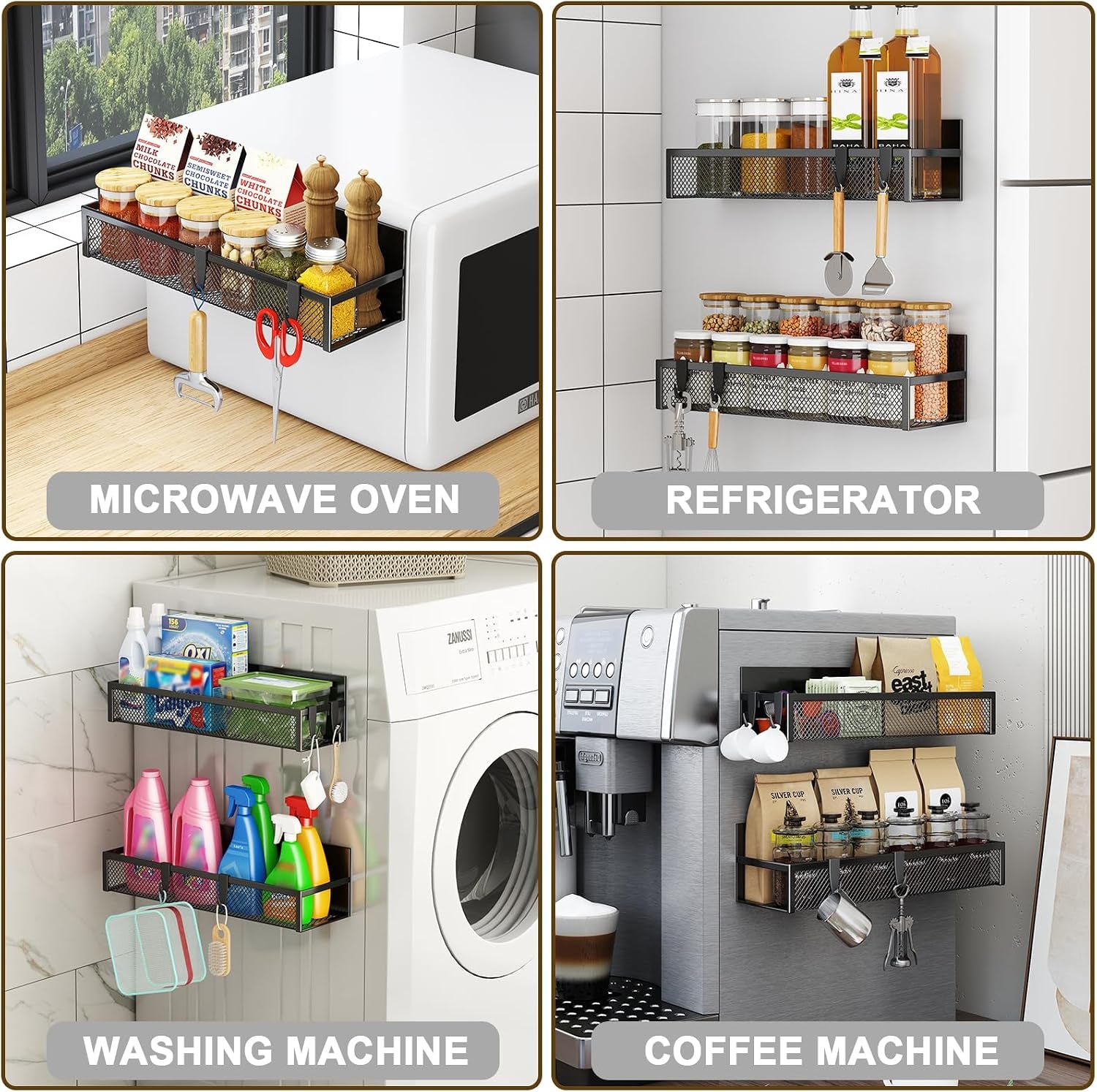 Magnetic Spice Rack for Refrigerator, Fridge Magnet Organizer with Moveable 8 Hooks, Magnetic Fridge Shelf for Kitchen Organization and Storage (4 Pack)