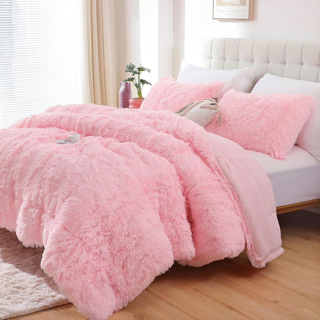Fluffy Queen Comforter Set, Faux Fur Pink Comforter Set 3 Pcs
