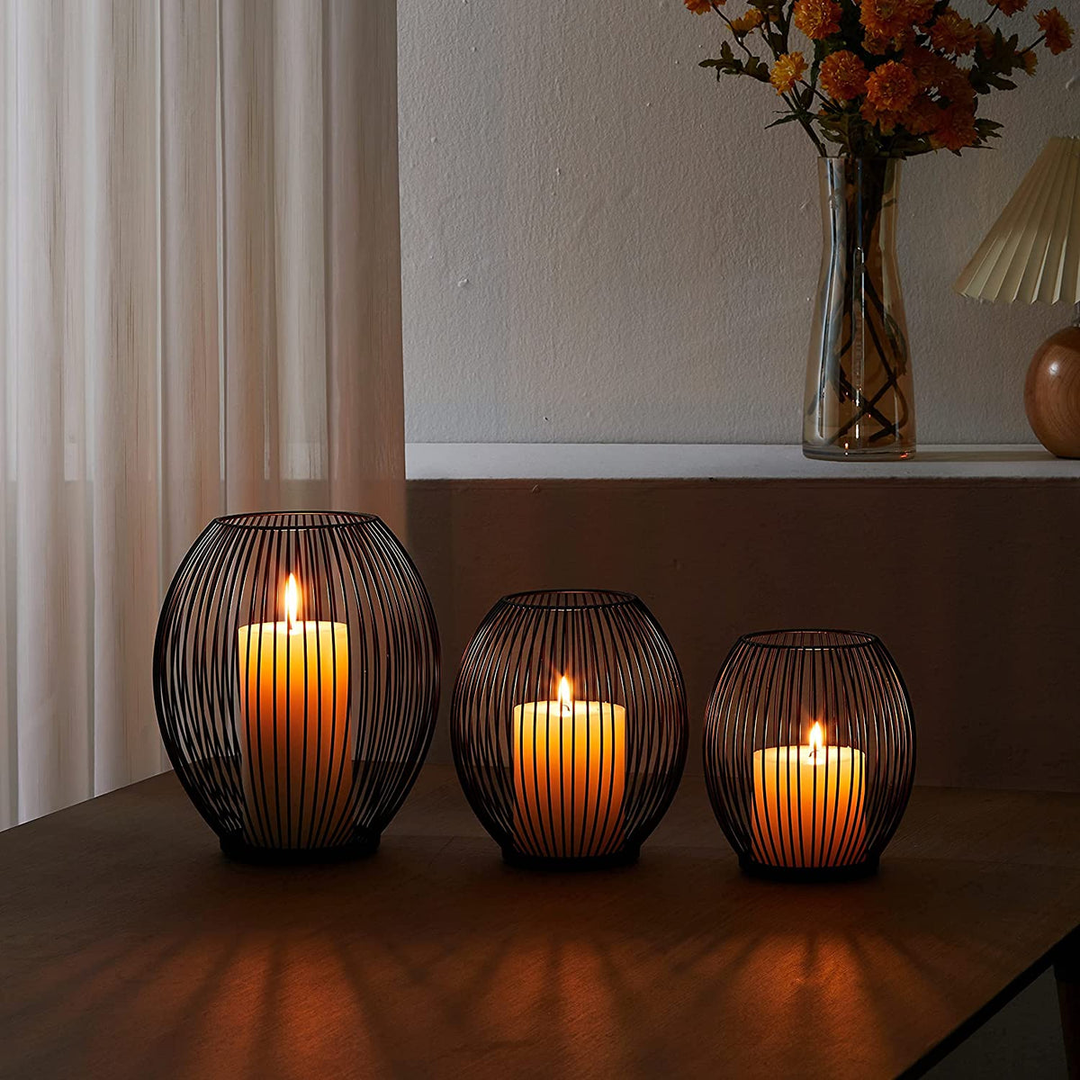 Outdoor Candle Holder Decor Set - Black Candle Holder - Candles Holders for Table Centerpiece - Hurricane Candles Holder for Pillar Candles Cage Candle Holders Black Wire Decorative