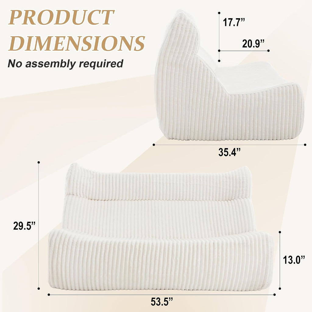 Bean Bag Chairs for Adults, Giant Bean Bag Chair, Memory Foam Lounge Chair, Comfy Lazy Floor Chair, Bean Bag Sofa for Living Room, Bedroom and Office, Loveseat Bean Bag (White)