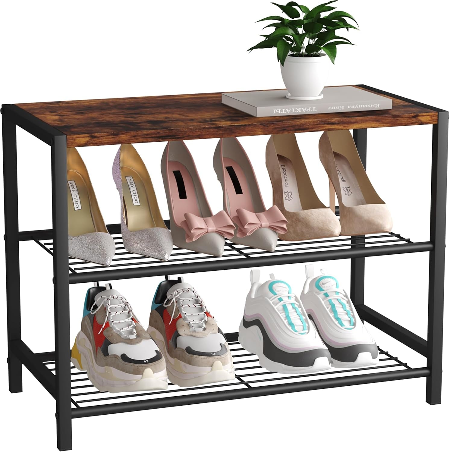 3-Tier Shoe Rack, Industrial Shoe Tower, Narrow Shoe Organizer for Closet Entryway, Small Shoe Rack Table with Durable Metal Shelves