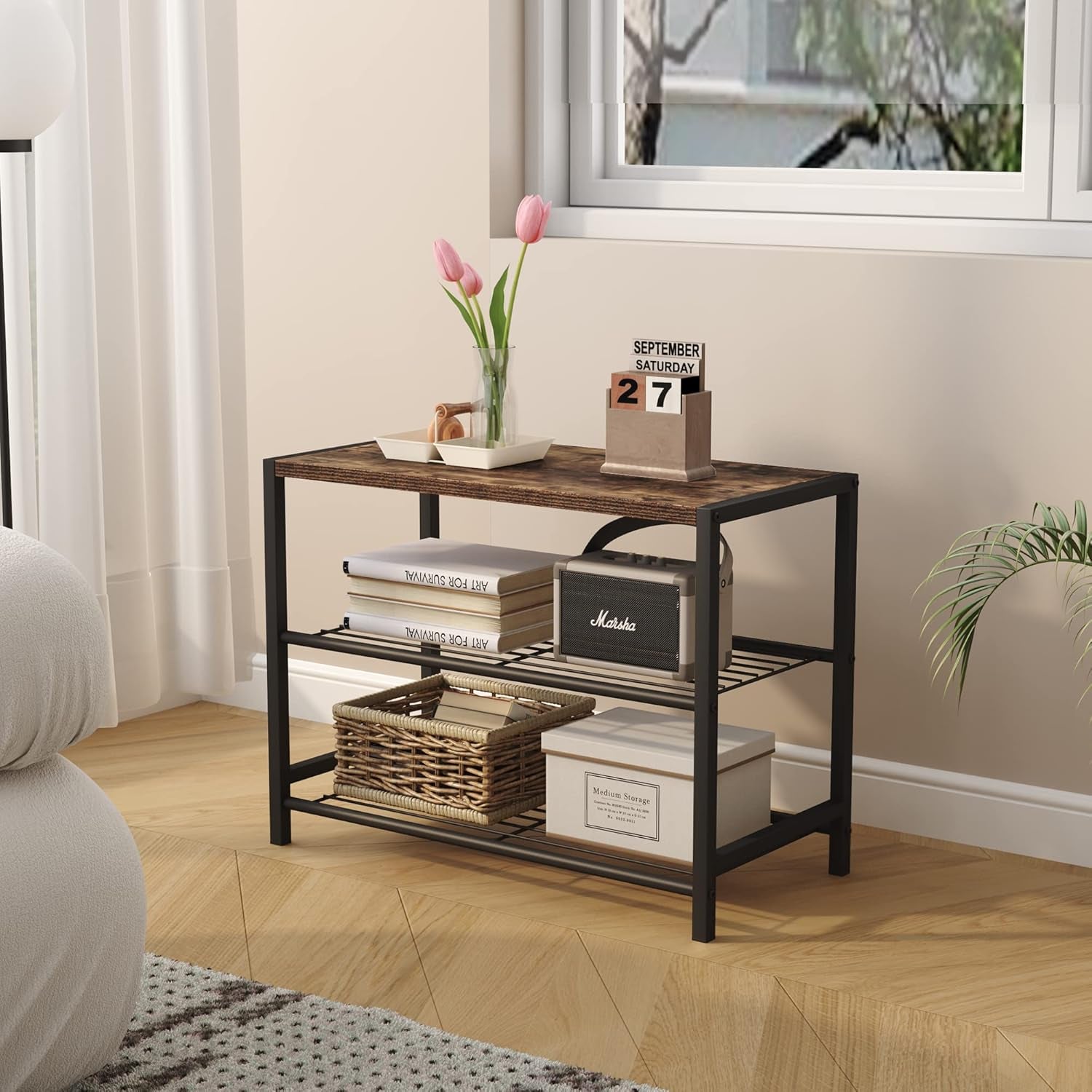 3-Tier Shoe Rack, Industrial Shoe Tower, Narrow Shoe Organizer for Closet Entryway, Small Shoe Rack Table with Durable Metal Shelves
