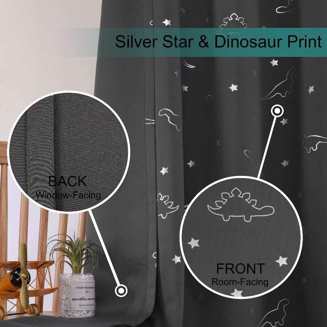 Dinosaur and Star Foil Print Blackout Curtains for Kids Room