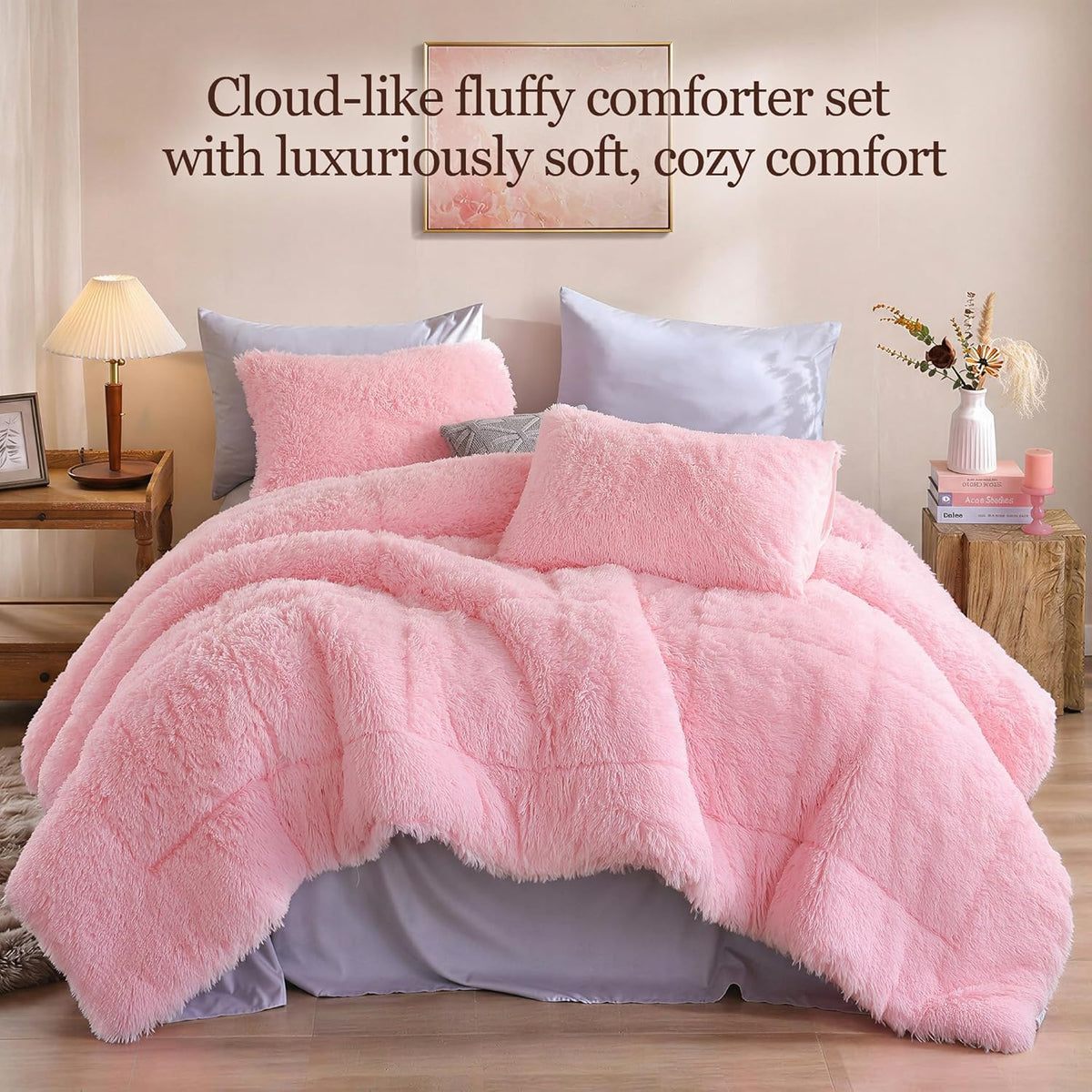 Fluffy Queen Comforter Set, Faux Fur Pink Comforter Set 3 Pcs