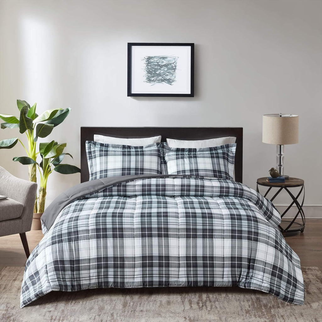 Parkston Plaid Full Queen Comforter Set, 3 Piece Black/White