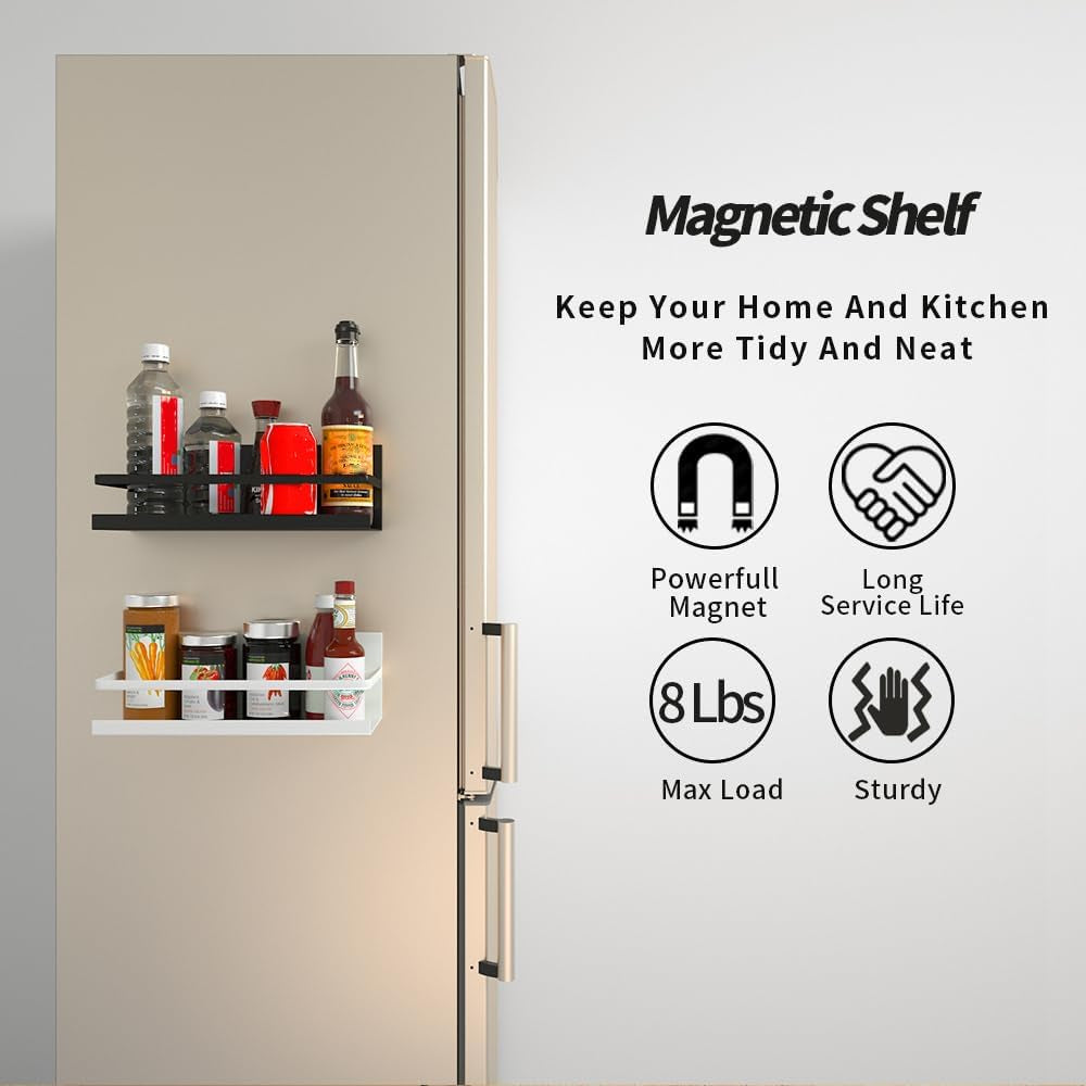 2 Pack Magnetic Spice Rack for Refrigerator,Heave Duty Magnetic Shelf for Kitchen,Magnet Book Shelf for Whiteboard,Space Container,Drill Free (Black)