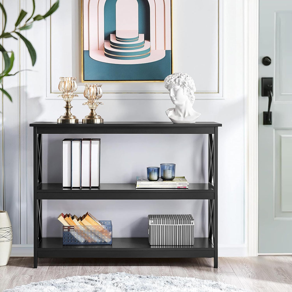Yaheetech 42" L Black Console Table 3-Tier Narrow X-Design Storage Shelves