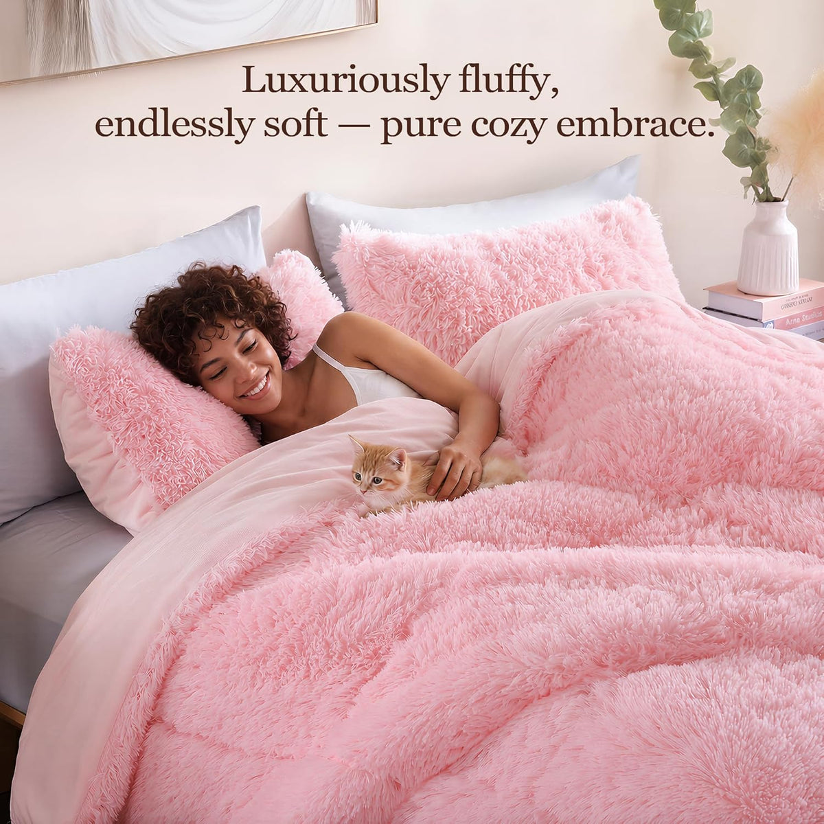 Fluffy Queen Comforter Set, Faux Fur Pink Comforter Set 3 Pcs