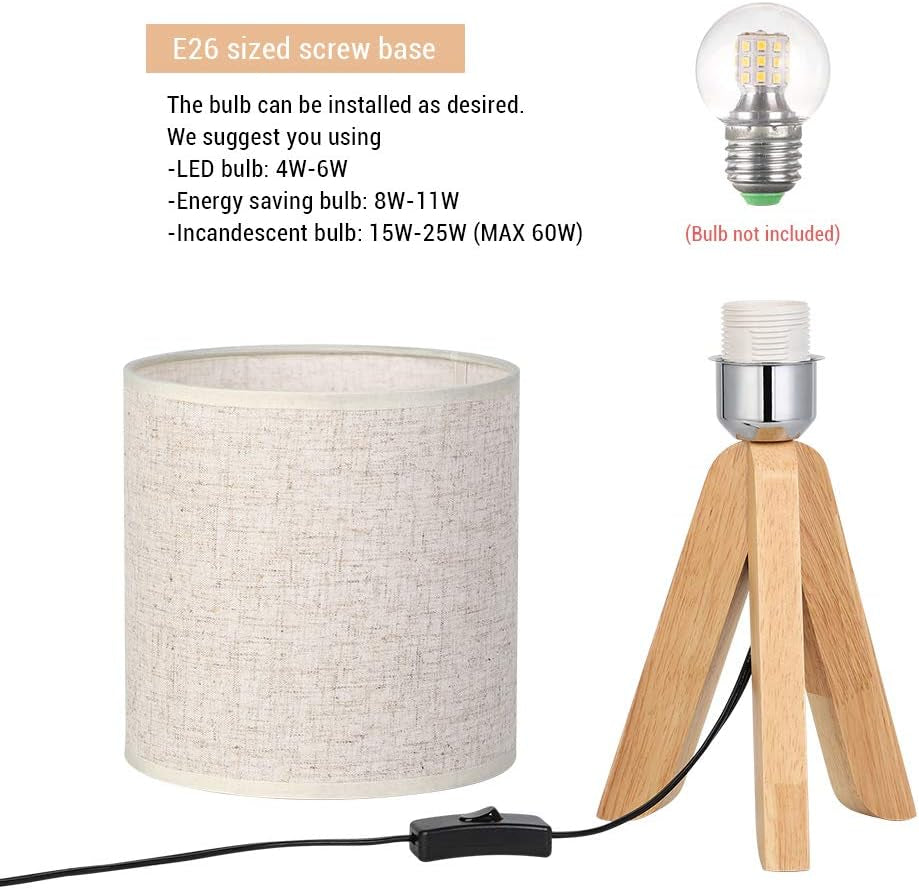 Small Bedside Table Lamp - Wooden Tripod Nightstand Lamp