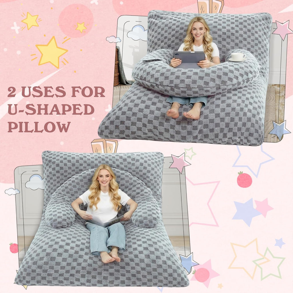 3 in 1 Bean Bag Chair with Portable U-Shaped Pillow, Giant Bean Bag with Washable Cover, Convertible Sofa Bed (Light Grey)