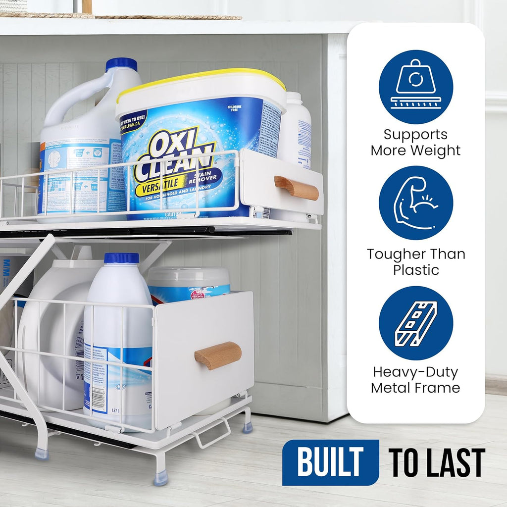 Adjustable under Sink Organizer and Storage, Metal 2-Tier Sliding Drawers under Cabinet Organizer, Bathroom under Sink Organizer - White