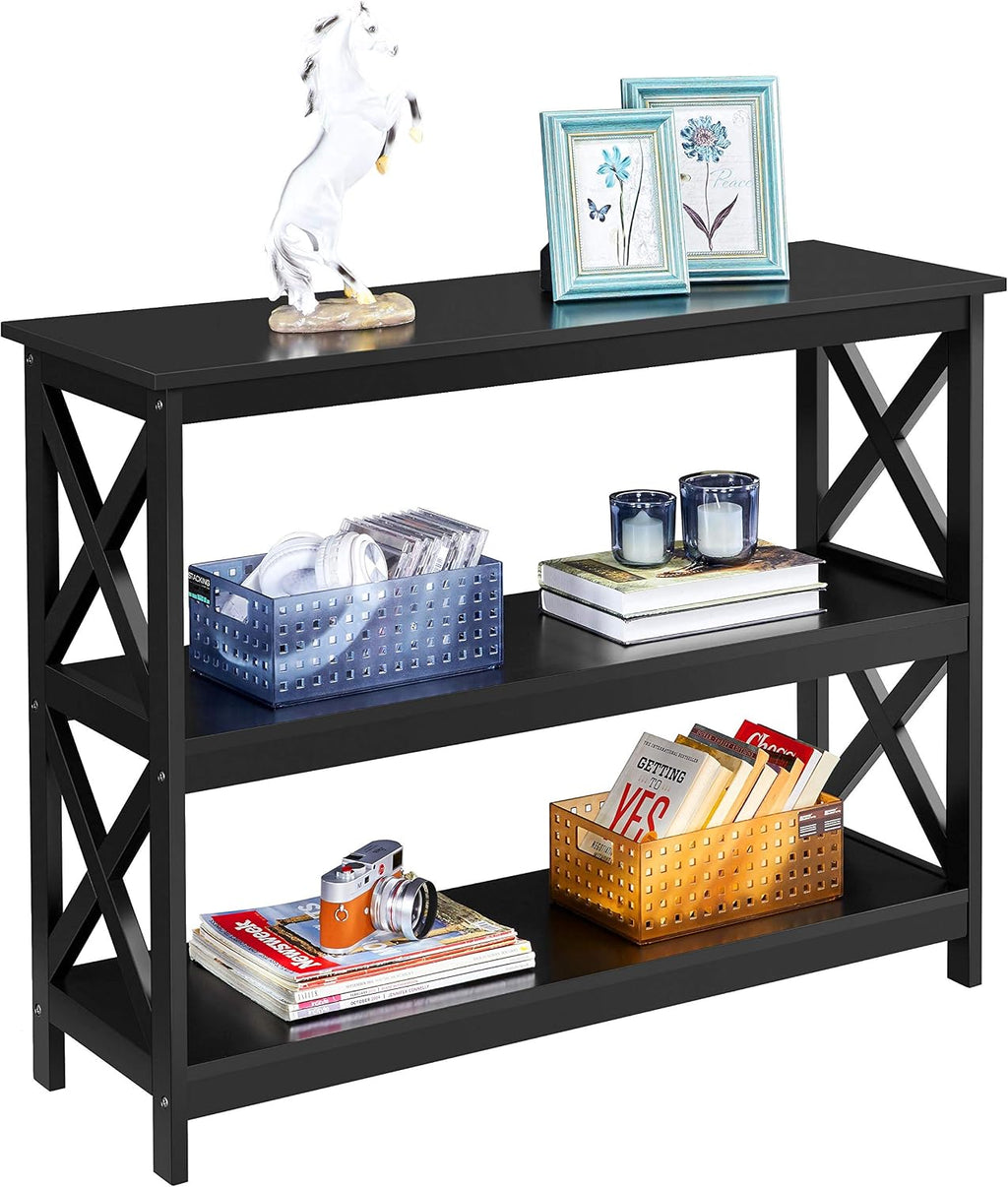 Yaheetech 42" L Black Console Table 3-Tier Narrow X-Design Storage Shelves