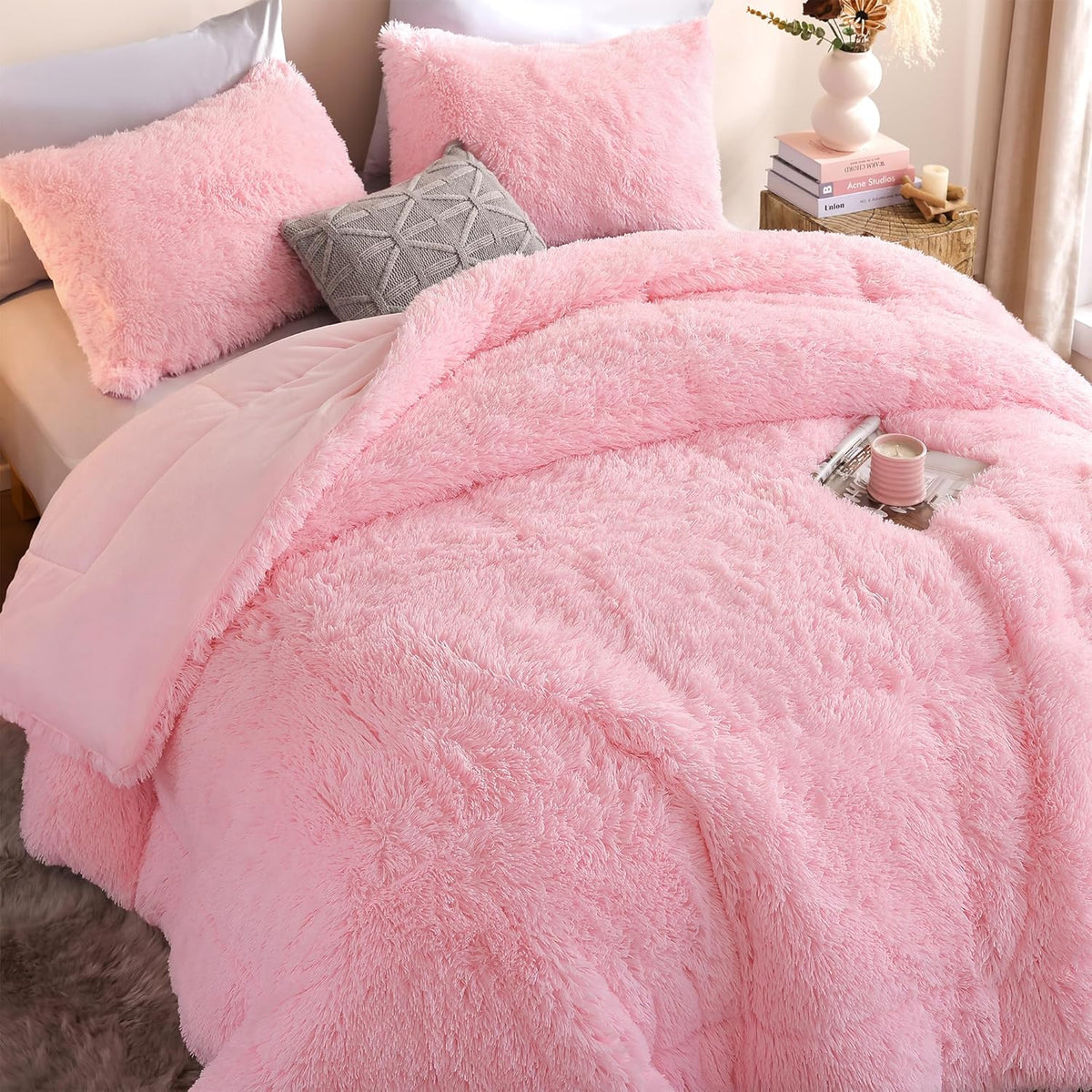 Fluffy Queen Comforter Set, Faux Fur Pink Comforter Set 3 Pcs