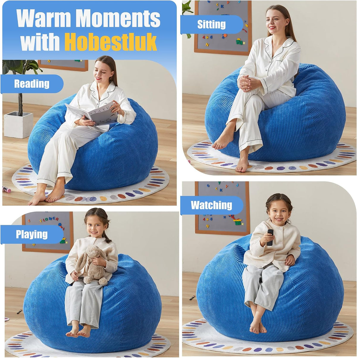 Large Bean Bag Chair Teardrop Shape with Foam Filling, 4FT Blue