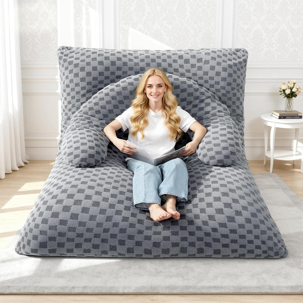 3 in 1 Bean Bag Chair with Portable U-Shaped Pillow, Giant Bean Bag with Washable Cover, Convertible Sofa Bed (Light Grey)