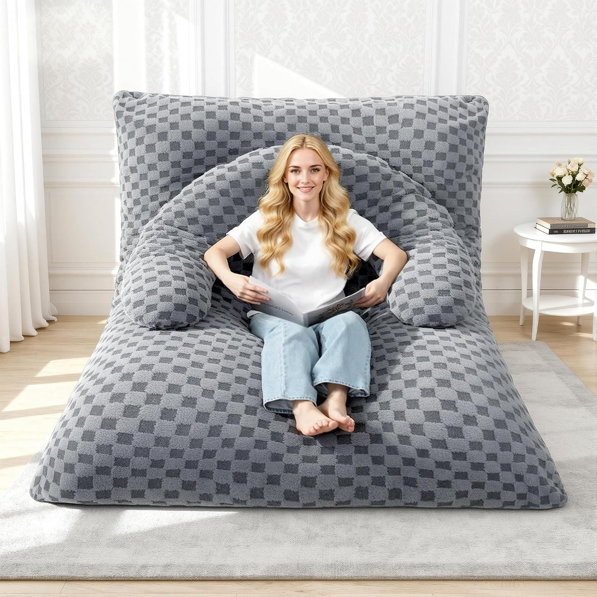 3 in 1 Bean Bag Chair with Portable U-Shaped Pillow, Giant Bean Bag with Washable Cover, Convertible Sofa Bed (Light Grey)