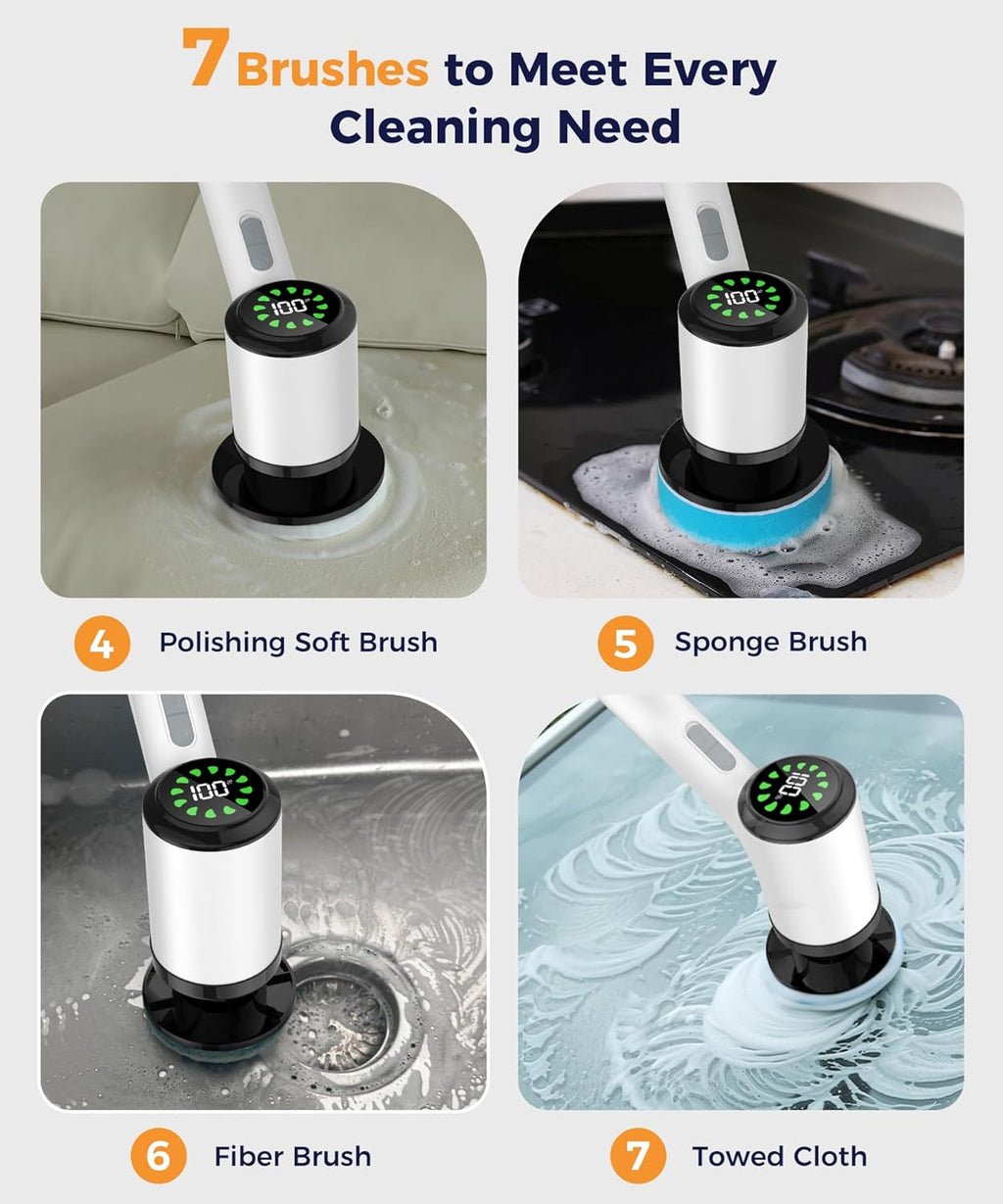 Cordless Electric Spin Scrubber with 7 Brush Heads, White