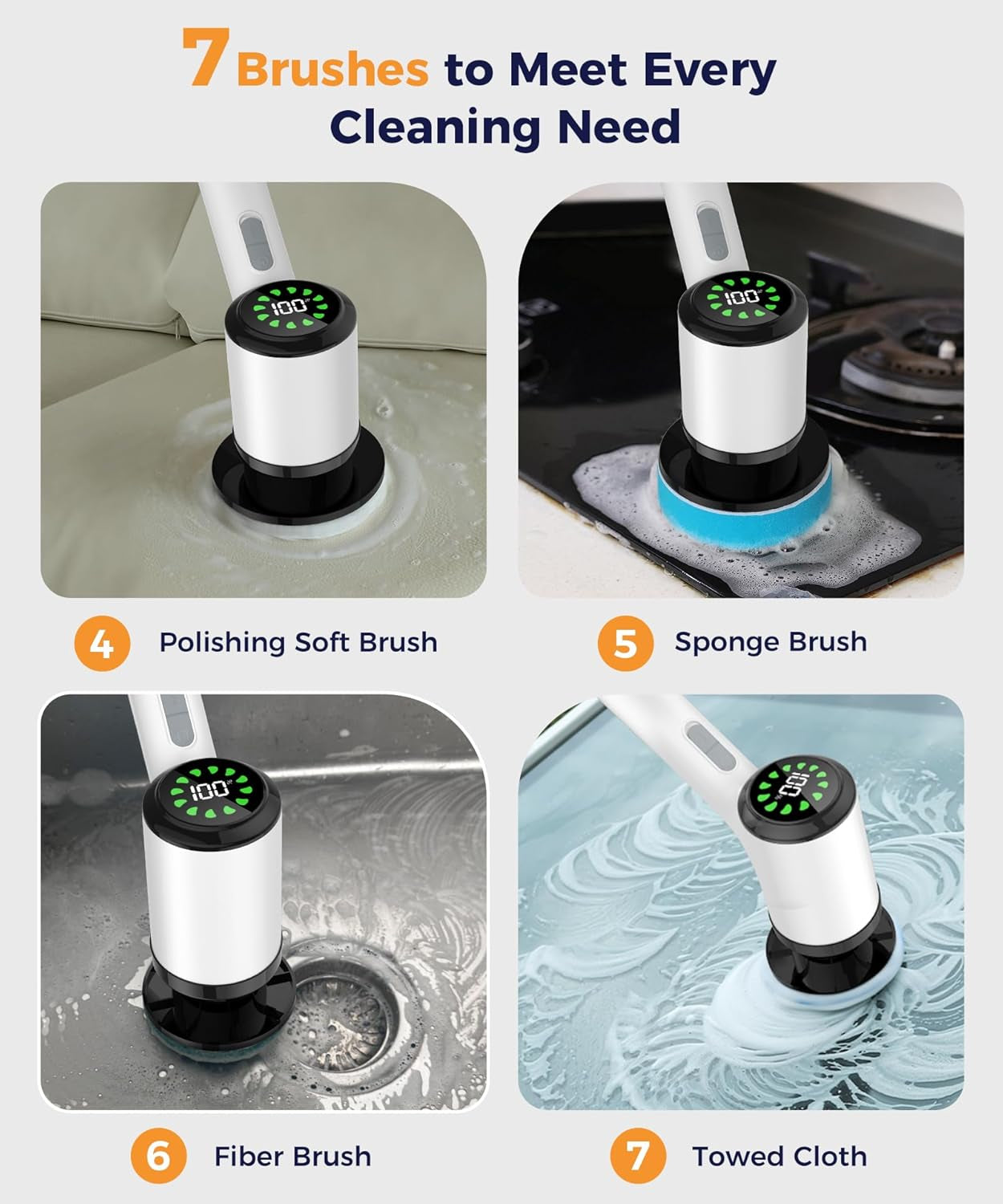 Cordless Electric Spin Scrubber with 7 Brush Heads, White