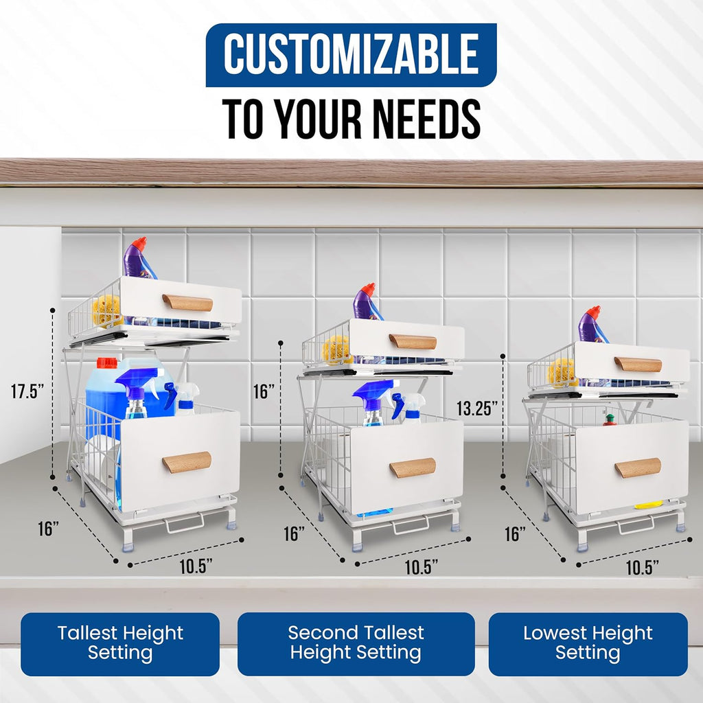 Adjustable under Sink Organizer and Storage, Metal 2-Tier Sliding Drawers under Cabinet Organizer, Bathroom under Sink Organizer - White