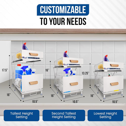 Adjustable under Sink Organizer and Storage, Metal 2-Tier Sliding Drawers under Cabinet Organizer, Bathroom under Sink Organizer - White
