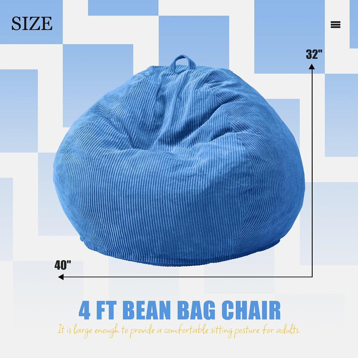 Large Bean Bag Chair Teardrop Shape with Foam Filling, 4FT Blue