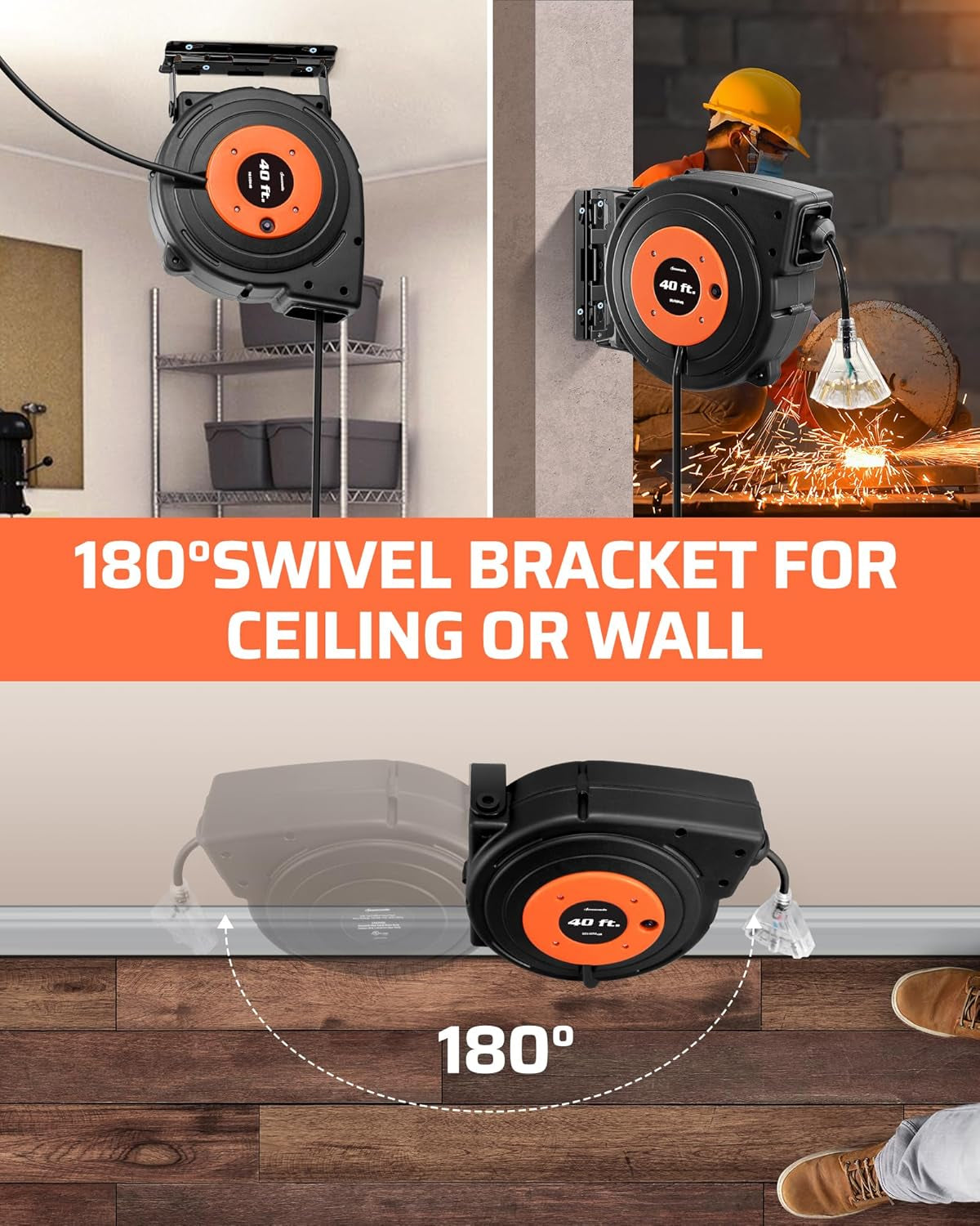 40FT Retractable Extension Cord Reel, 12AWG/3C SJTOW, UL Listed