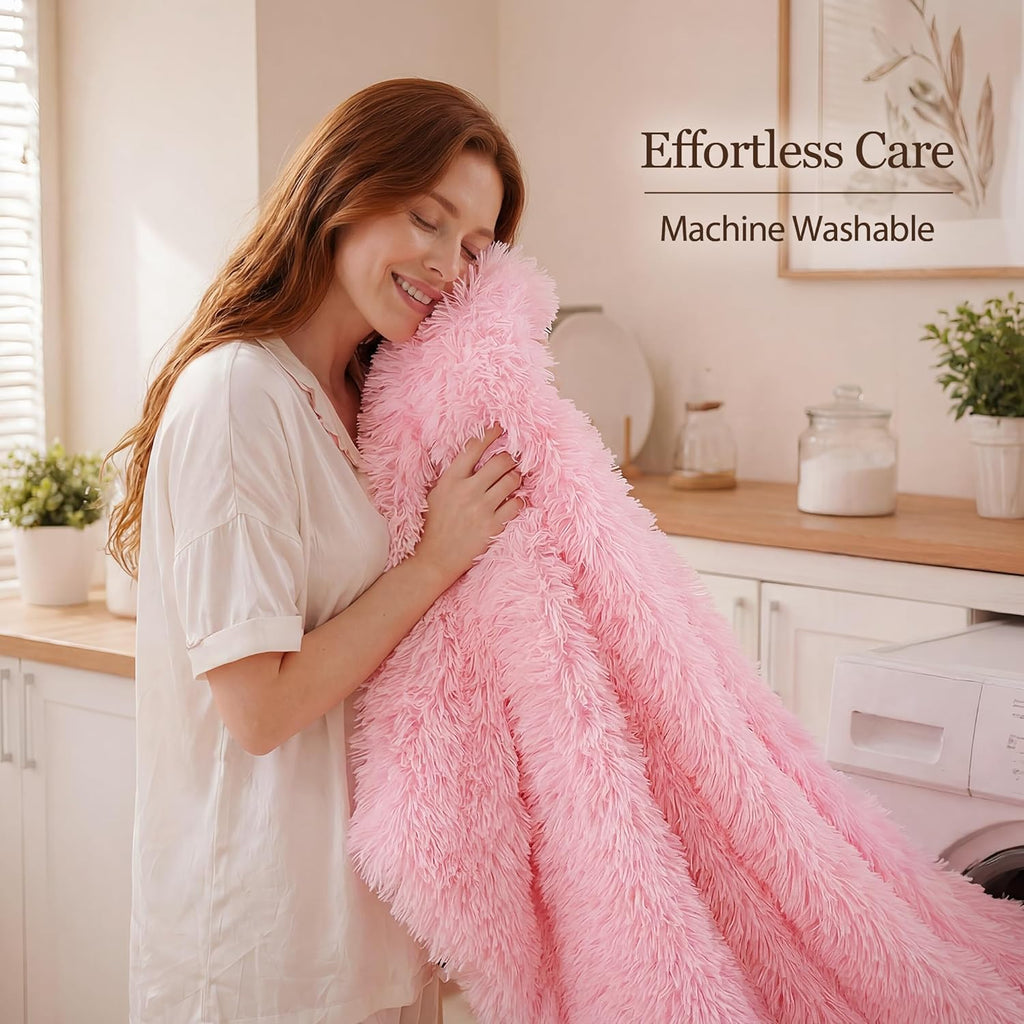 Fluffy Queen Comforter Set, Faux Fur Pink Comforter Set 3 Pcs