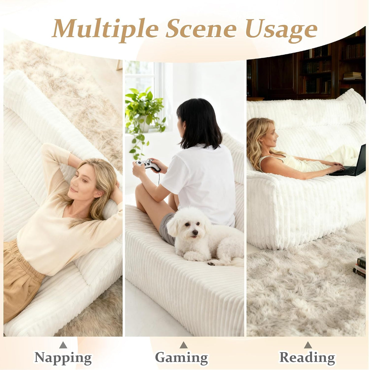 Bean Bag Chairs for Adults, Giant Bean Bag Chair, Memory Foam Lounge Chair, Comfy Lazy Floor Chair, Bean Bag Sofa for Living Room, Bedroom and Office, Loveseat Bean Bag (White)