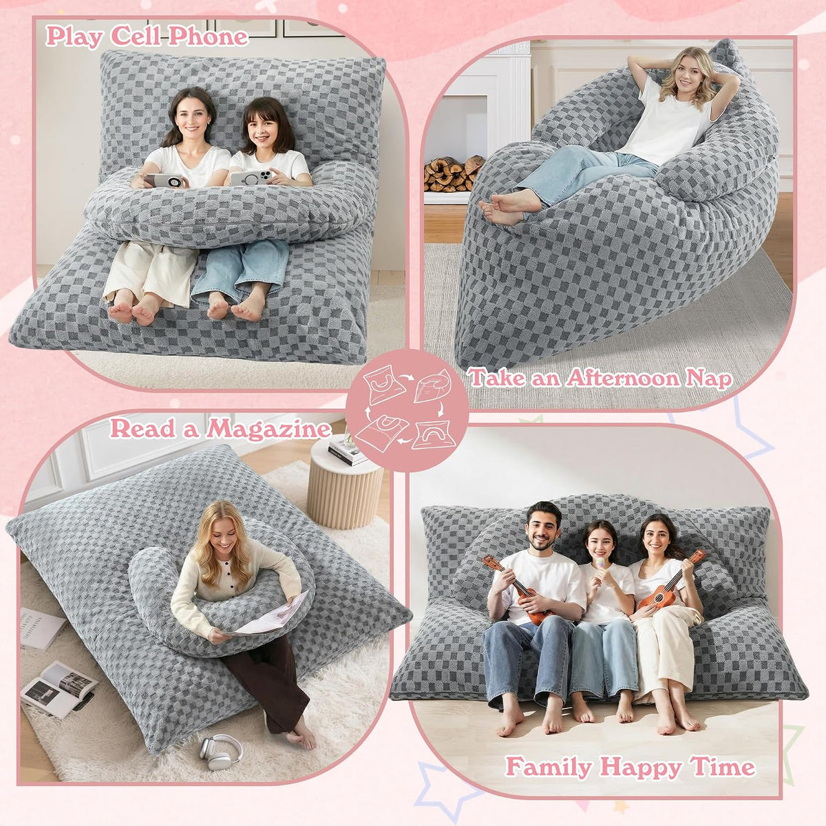 3 in 1 Bean Bag Chair with Portable U-Shaped Pillow, Giant Bean Bag with Washable Cover, Convertible Sofa Bed (Light Grey)