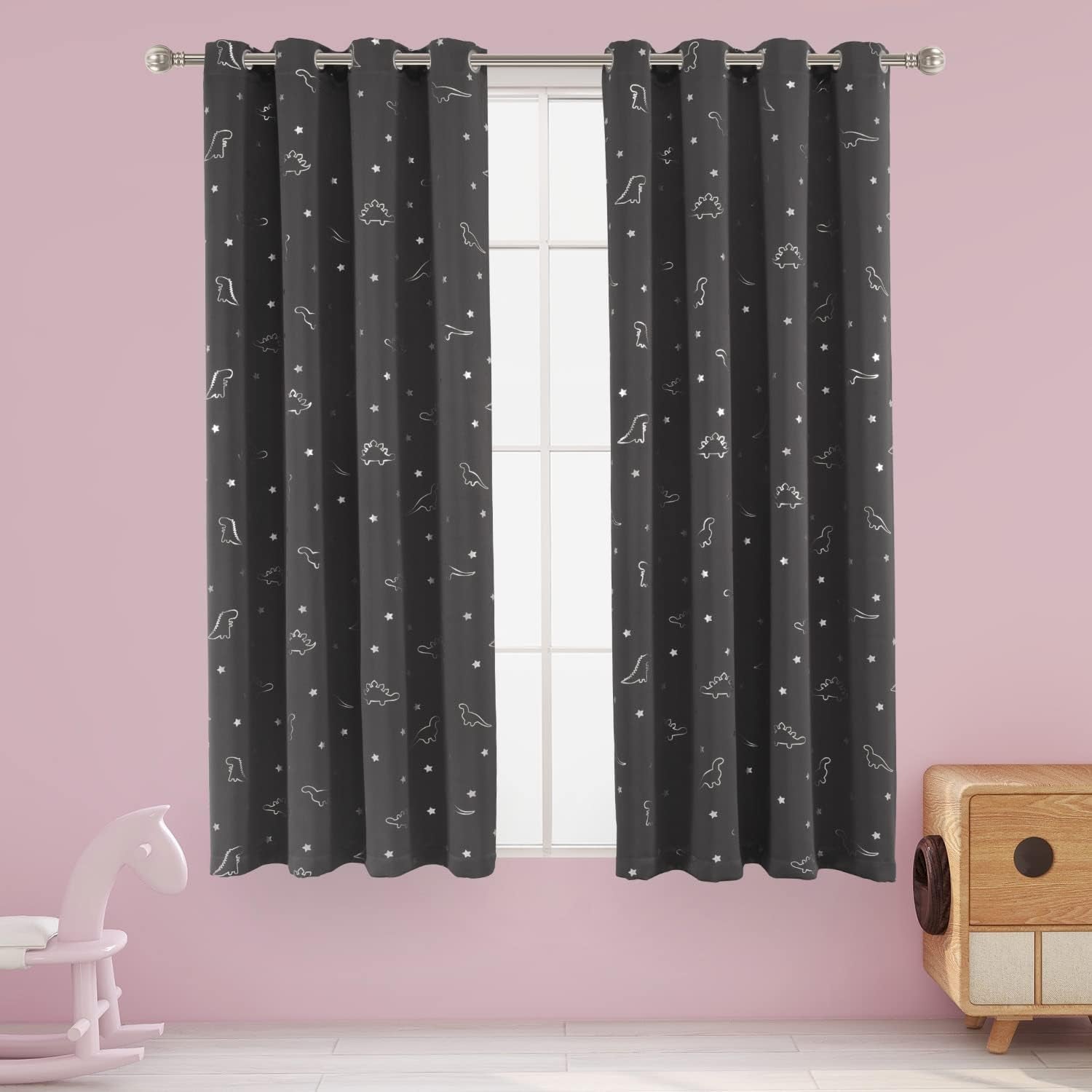 Dinosaur and Star Foil Print Blackout Curtains for Kids Room