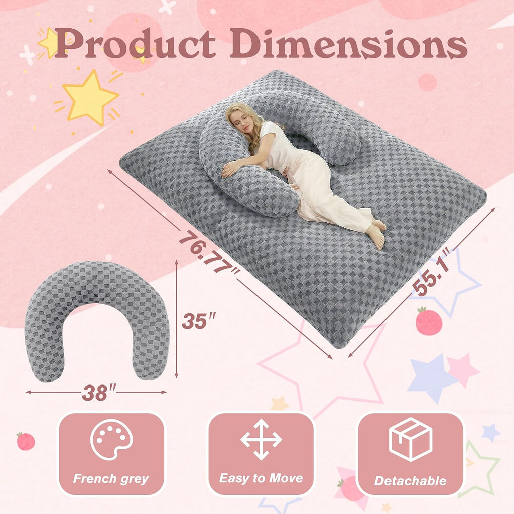 3 in 1 Bean Bag Chair with Portable U-Shaped Pillow, Giant Bean Bag with Washable Cover, Convertible Sofa Bed (Light Grey)