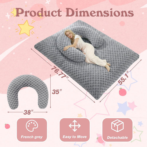 3 in 1 Bean Bag Chair with Portable U-Shaped Pillow, Giant Bean Bag with Washable Cover, Convertible Sofa Bed (Light Grey)