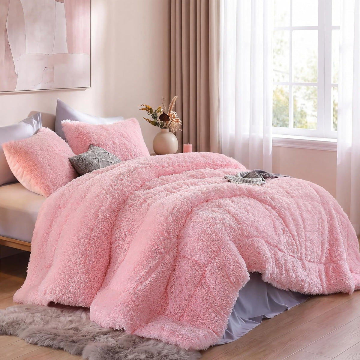 Fluffy Queen Comforter Set, Faux Fur Pink Comforter Set 3 Pcs