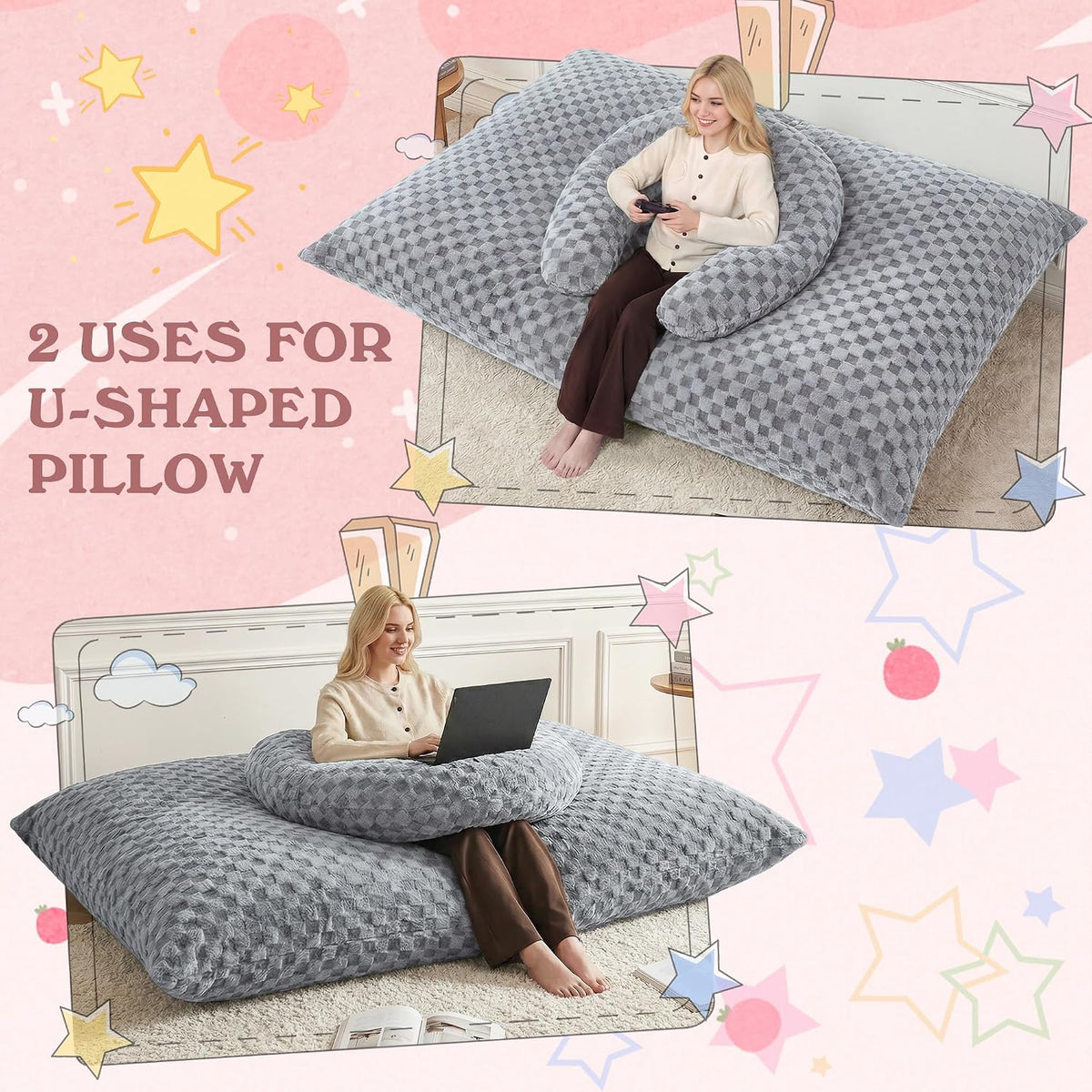 3 in 1 Bean Bag Chair with Portable U-Shaped Pillow, Giant Bean Bag with Washable Cover, Convertible Sofa Bed (Light Grey)