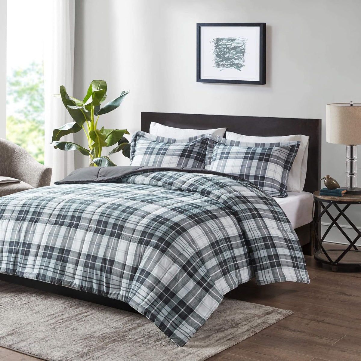 Parkston Plaid Full Queen Comforter Set, 3 Piece Black/White