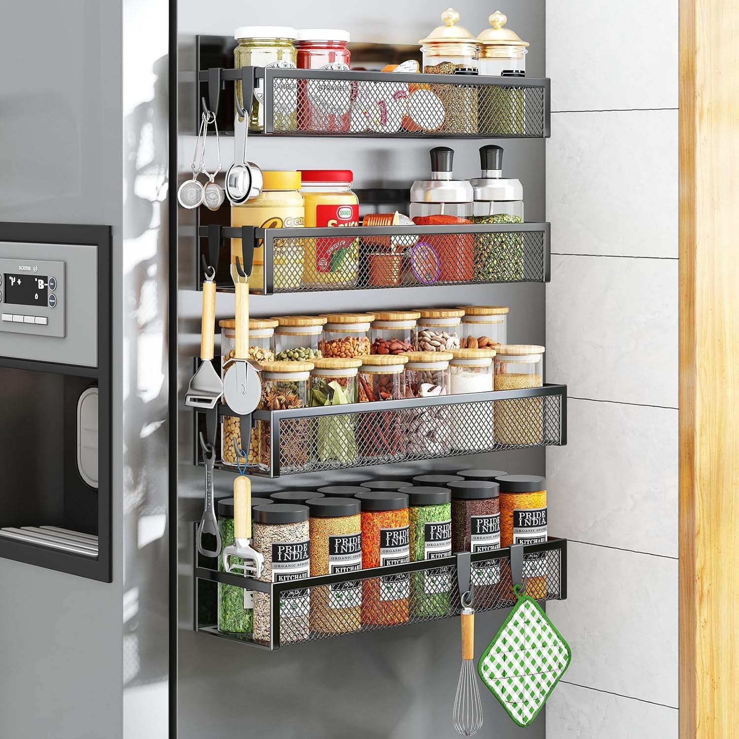 Magnetic Spice Rack for Refrigerator, Fridge Magnet Organizer with Moveable 8 Hooks, Magnetic Fridge Shelf for Kitchen Organization and Storage (4 Pack)