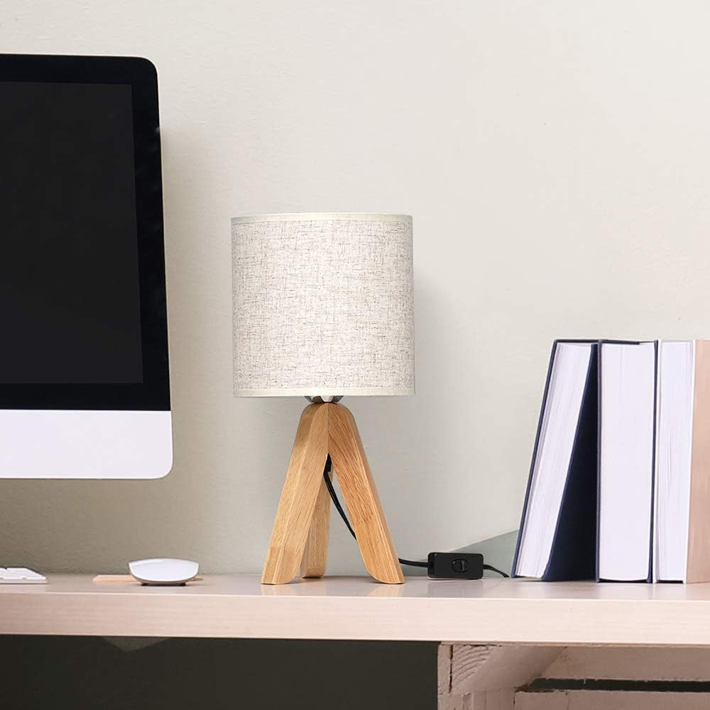 Small Bedside Table Lamp - Wooden Tripod Nightstand Lamp