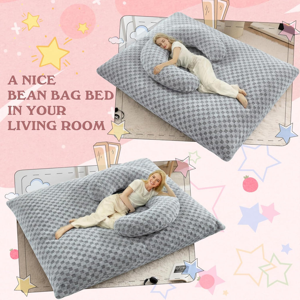 3 in 1 Bean Bag Chair with Portable U-Shaped Pillow, Giant Bean Bag with Washable Cover, Convertible Sofa Bed (Light Grey)