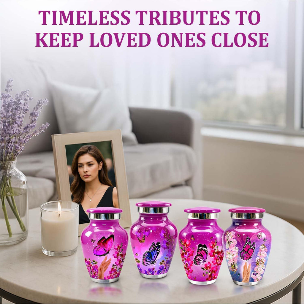 Small Urns for Human Ashes – Set of 4 Mini Keepsake Urns for Ashes, with Velvet Bag & Gift Box, Memorial Sharing Urns (Pink, Set of 4)
