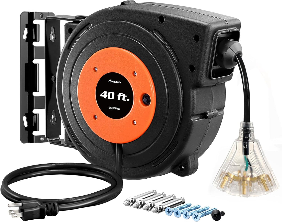 40FT Retractable Extension Cord Reel, 12AWG/3C SJTOW, UL Listed