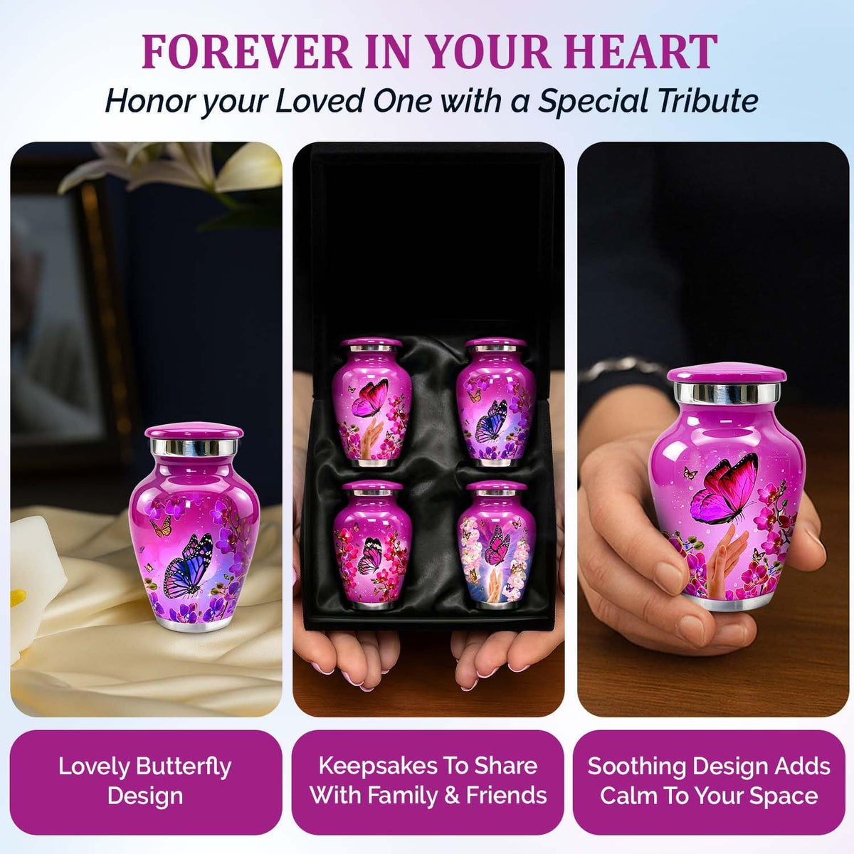 Small Urns for Human Ashes – Set of 4 Mini Keepsake Urns for Ashes, with Velvet Bag & Gift Box, Memorial Sharing Urns (Pink, Set of 4)
