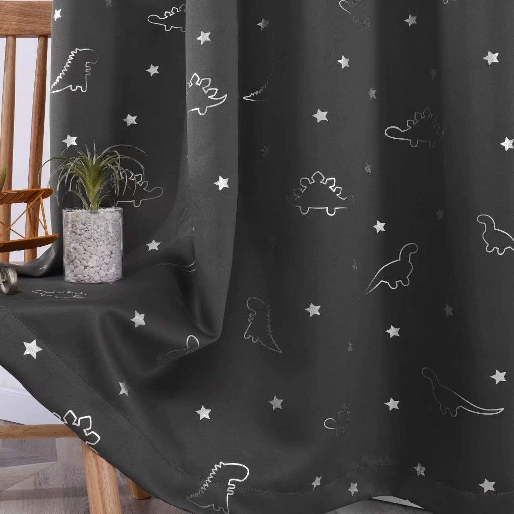 Dinosaur and Star Foil Print Blackout Curtains for Kids Room