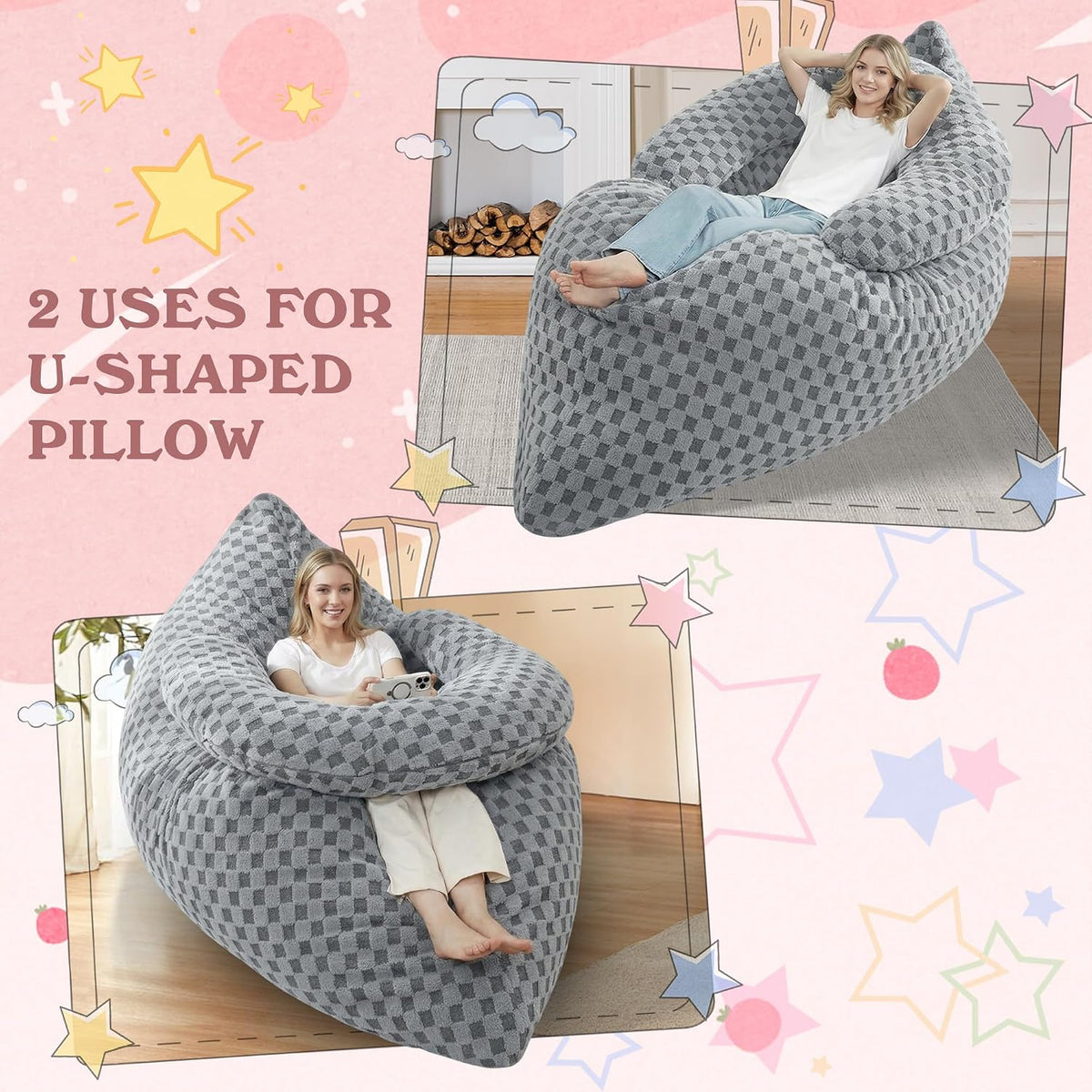 3 in 1 Bean Bag Chair with Portable U-Shaped Pillow, Giant Bean Bag with Washable Cover, Convertible Sofa Bed (Light Grey)