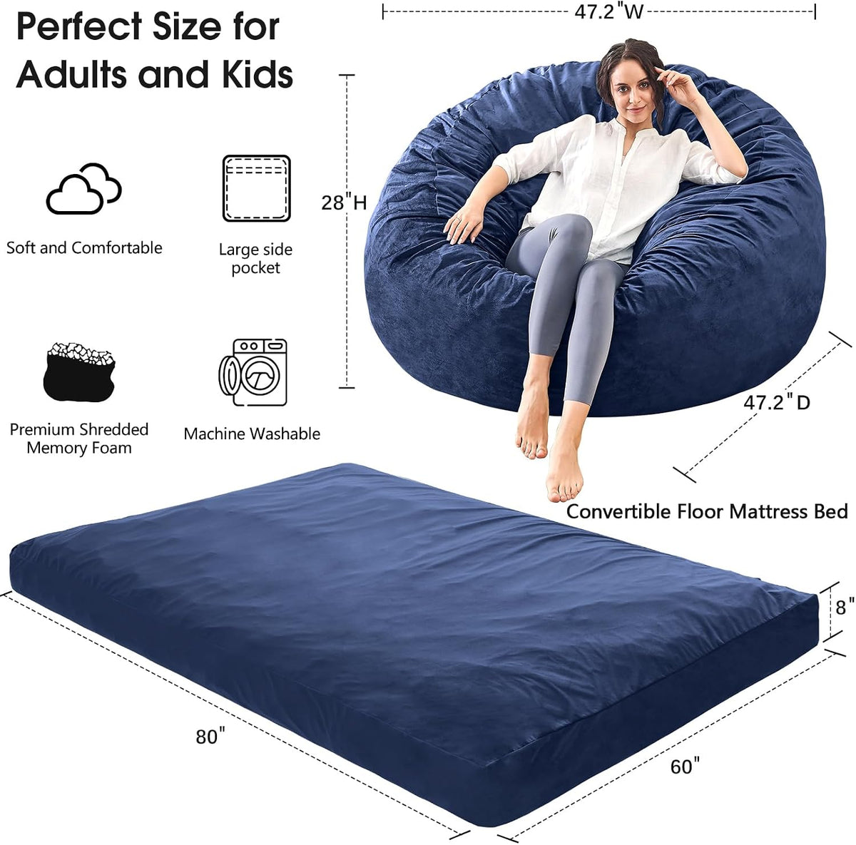 Bean Bag Chairs for Adults - Giant Bean Bag Convertible Floor Sofa