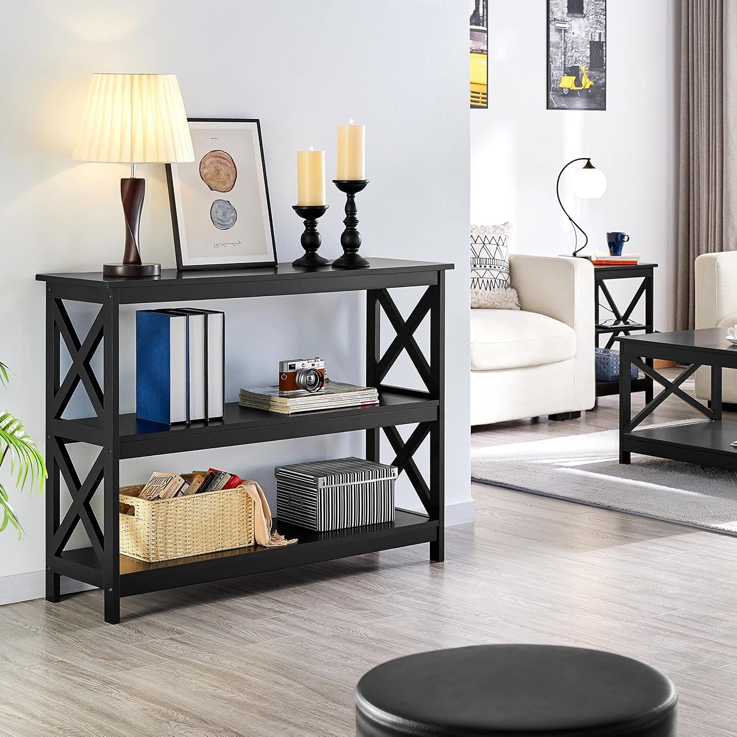 Yaheetech 42" L Black Console Table 3-Tier Narrow X-Design Storage Shelves